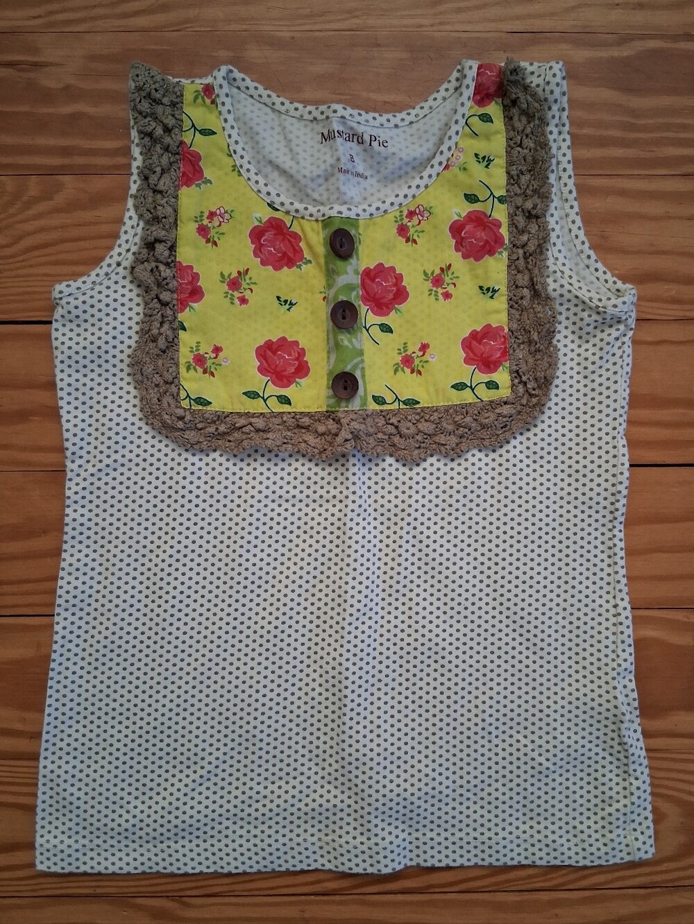 Mustard Pie White Polka Dot Tank with Yellow Floral Bib and Crochet Trim